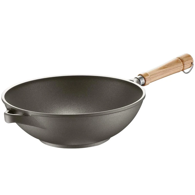 Berndes Veggi Wok Bonanza Induction 28 cm Wok Pan with 3-Layer Non-Stick Coating and Wooden Handle, Suitable for All Cookers, Robust Cast Aluminium, Non-Stick Coating