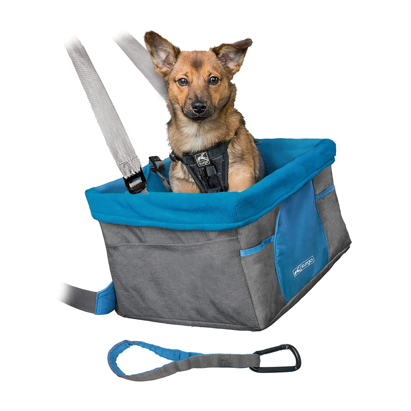 Kurgo Heather Car Booster Seat for Dogs, Quick & Secure Installation, Includes Seat Belt Tether, Fleece Lining, Grey/Blue (ZTV30-17114)