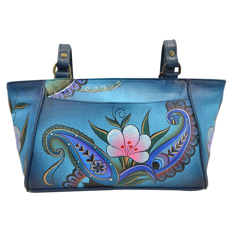 Anna by Anuschka Women's Leather Small Tote Handbag, Hand-Painted Original Artwork, Denim Paisley Floral, Denim Paisley Floral, One Size