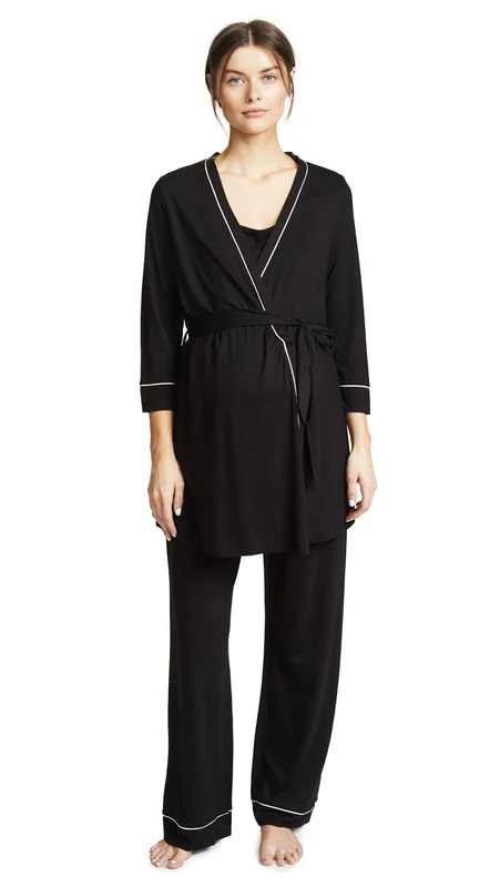 Cosabella Women's Bella Maternity 3 Piece Robe, Cami and P Pajama Set, Black/Ivory, Medium - Image 1