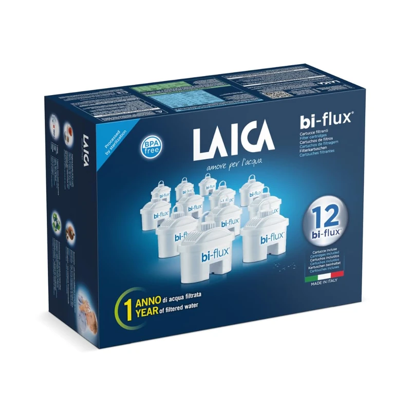 LAICA Bi-Flux Water Filter Cartridges 12 Pack (1 Years Supply), Preserves Mineral Salts While Reducing Chlorine & Heavy Metals & Reduces Hardness in Tap Water, Filters for Water Jugs