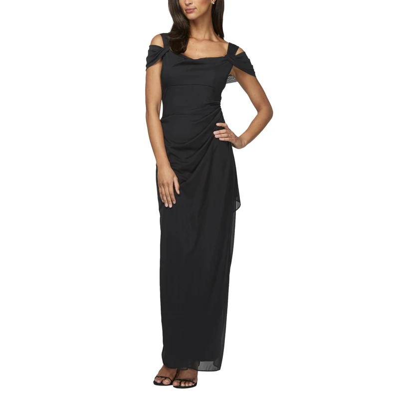 Alex Evenings Womens Petite Long Mesh Cold Shoulder Dress Short-Sleeve Dress - Black -