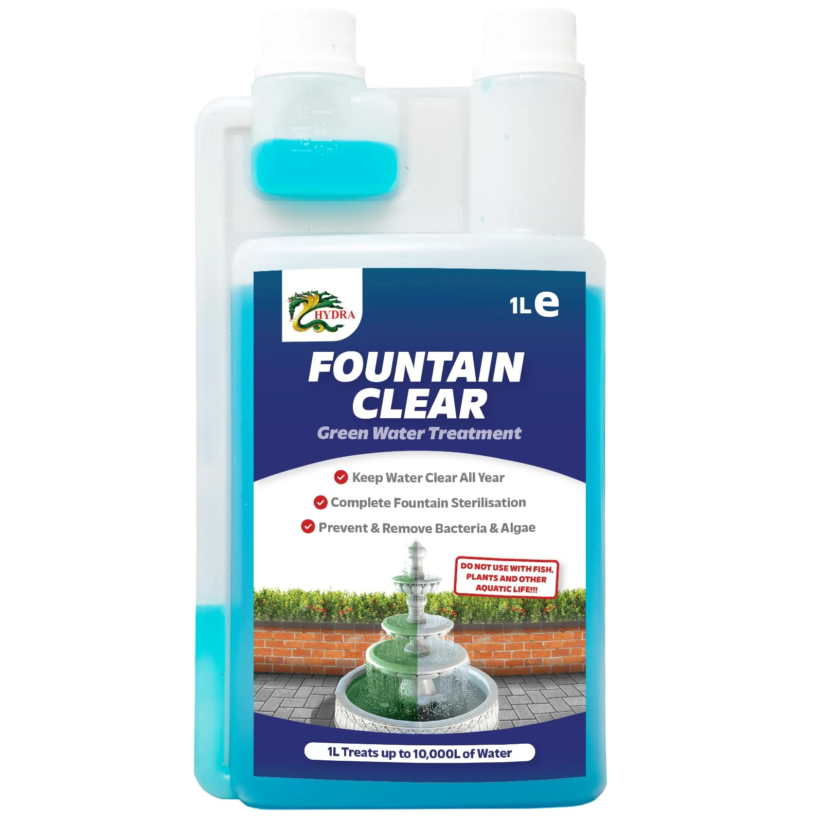 HYDRA Fountain Clear Water Feature Cleaner | 1L Treats 30,000L Highest Dilution Rates - Water Feature Treatment Keeps Water Crystal Clear from Algae, Cleans Water & Biofilm Build-up