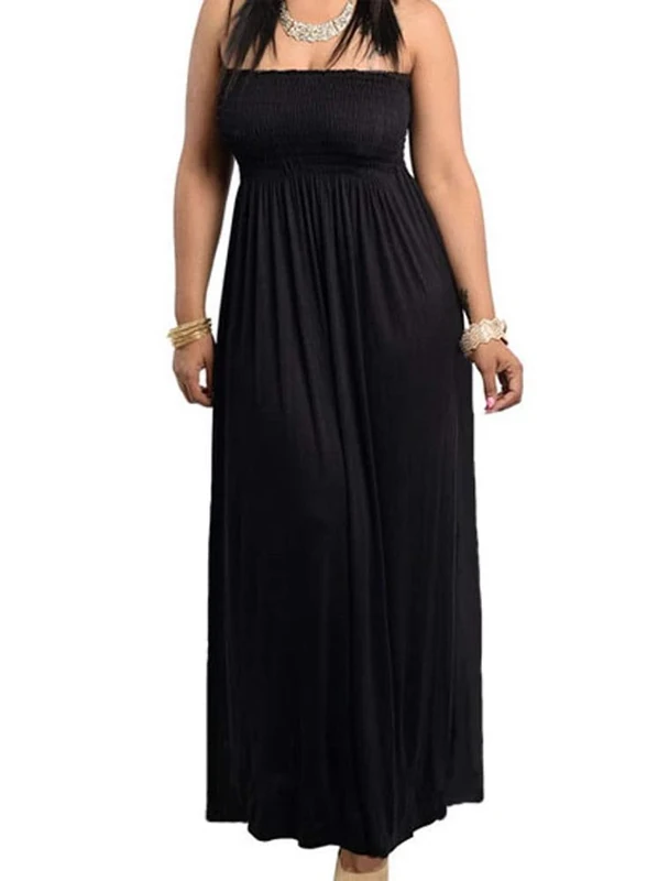 Red Dot 8511 - Smocked Chest Strapless Tube Long Maxi Beach Coverup Dress Black - Black - - Image 1