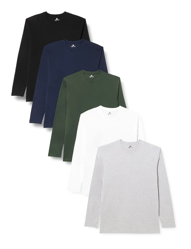 Lower East Basic Men's Long-Sleeved T-Shirt, Pack of 5, White/Black/Grey/Blue/Green, XL