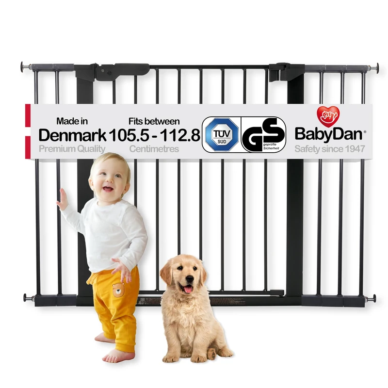 BabyDan Premier, Pressure Fit Stair Gate, 105.5-112.8 cm, Baby Gate/Safety Gate, Metal, Black, Made in Denmark - (Pet Gate/Dog gate)