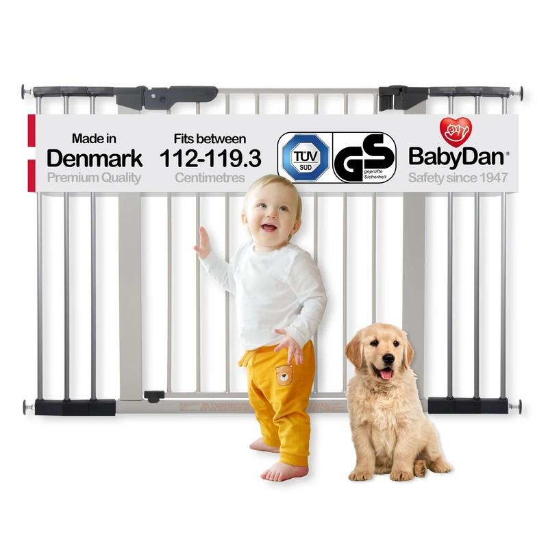 BabyDan Premier, Pressure Fit Stair Gate, 112-119.3 cm, Baby Gate/Safety Gate, Metal, Silver, Made in Denmark - (Pet Gate/Dog gate)