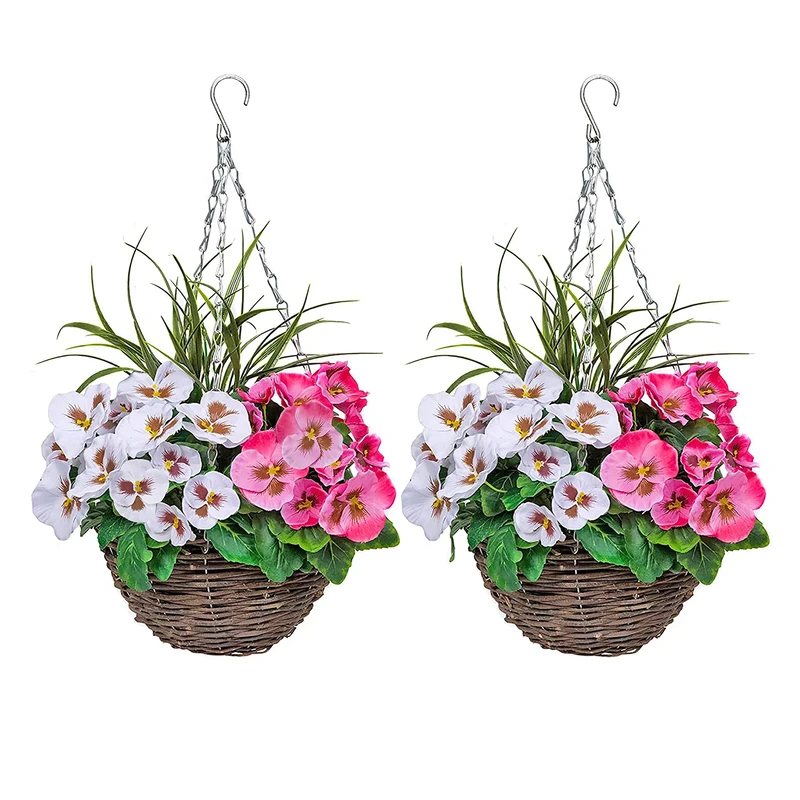 2x Artificial Hanging Baskets | Round Rattan with Pink and White Pansies | Decorative Grasses | 25cm | Indoor & Outdoor Use