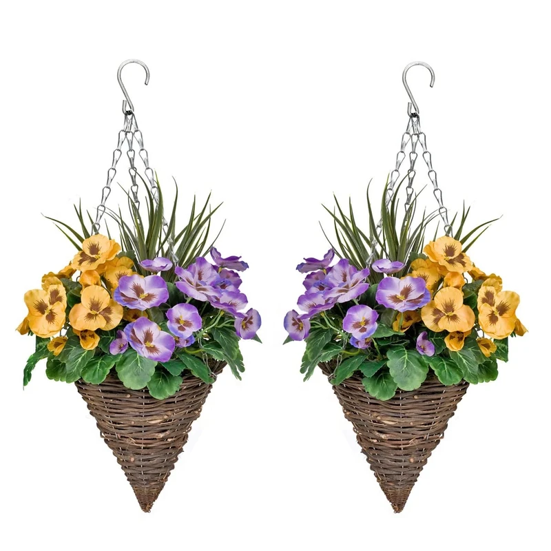 2 x Cone Shaped Hanging Baskets with Purple & Yellow Flowers and Decorative Grasses (Set of 2)