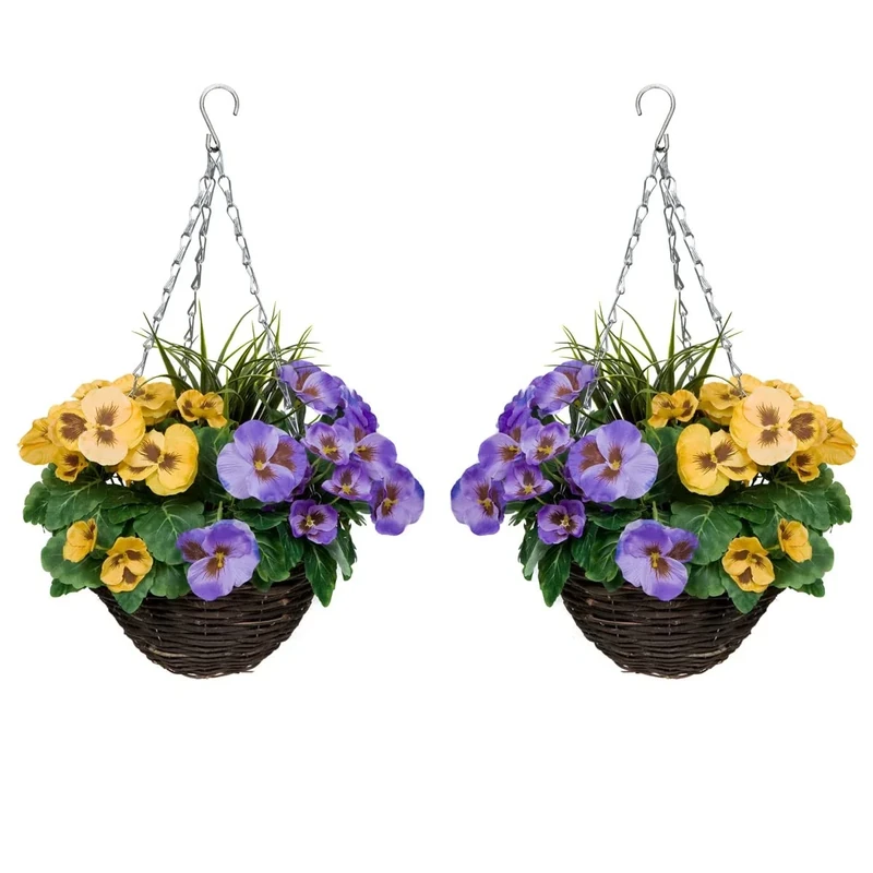 2 x Hanging Baskets with Purple & Yellow Flowers and Decorative Grasses (Set of 2)