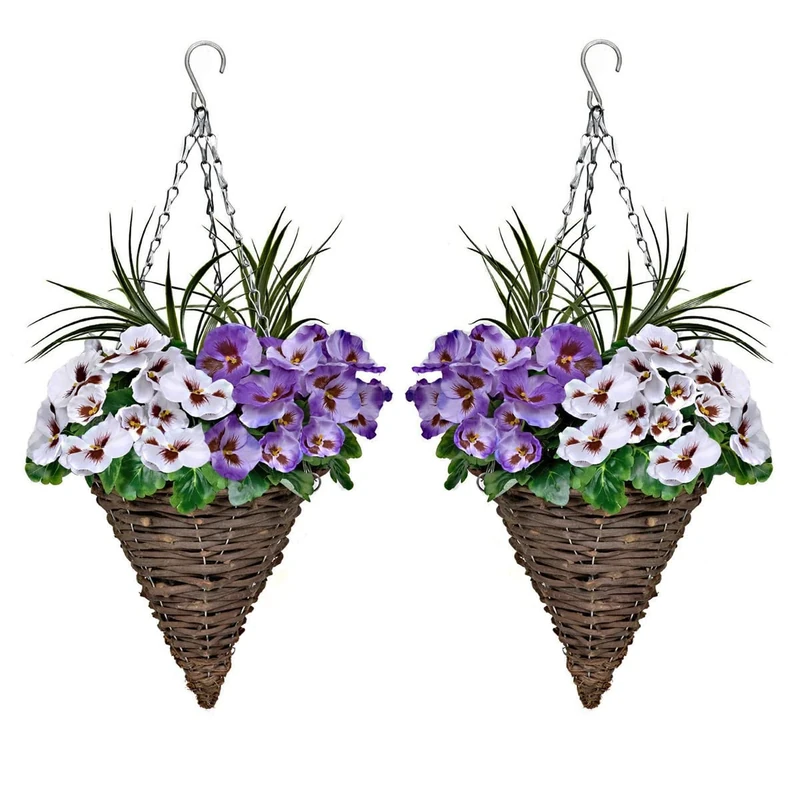 2 x Cone Shaped Hanging Baskets with Purple & White Flowers and Decorative Grasses (Set of 2)