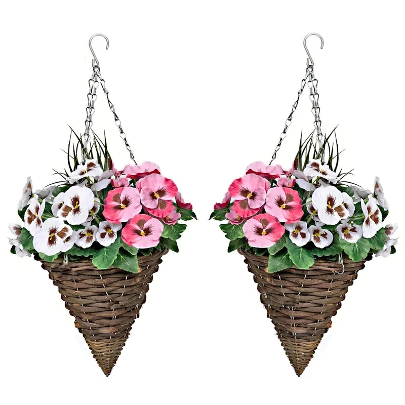 2 x Cone Shaped Hanging Baskets with Pink & White Flowers and Decorative Grasses (Set of 2)