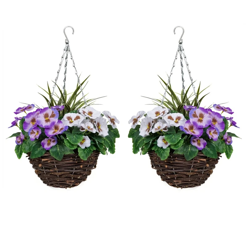2 x Artificial Hanging Baskets with Purple and White Flowers and Decorative Grasses (Set of 2)