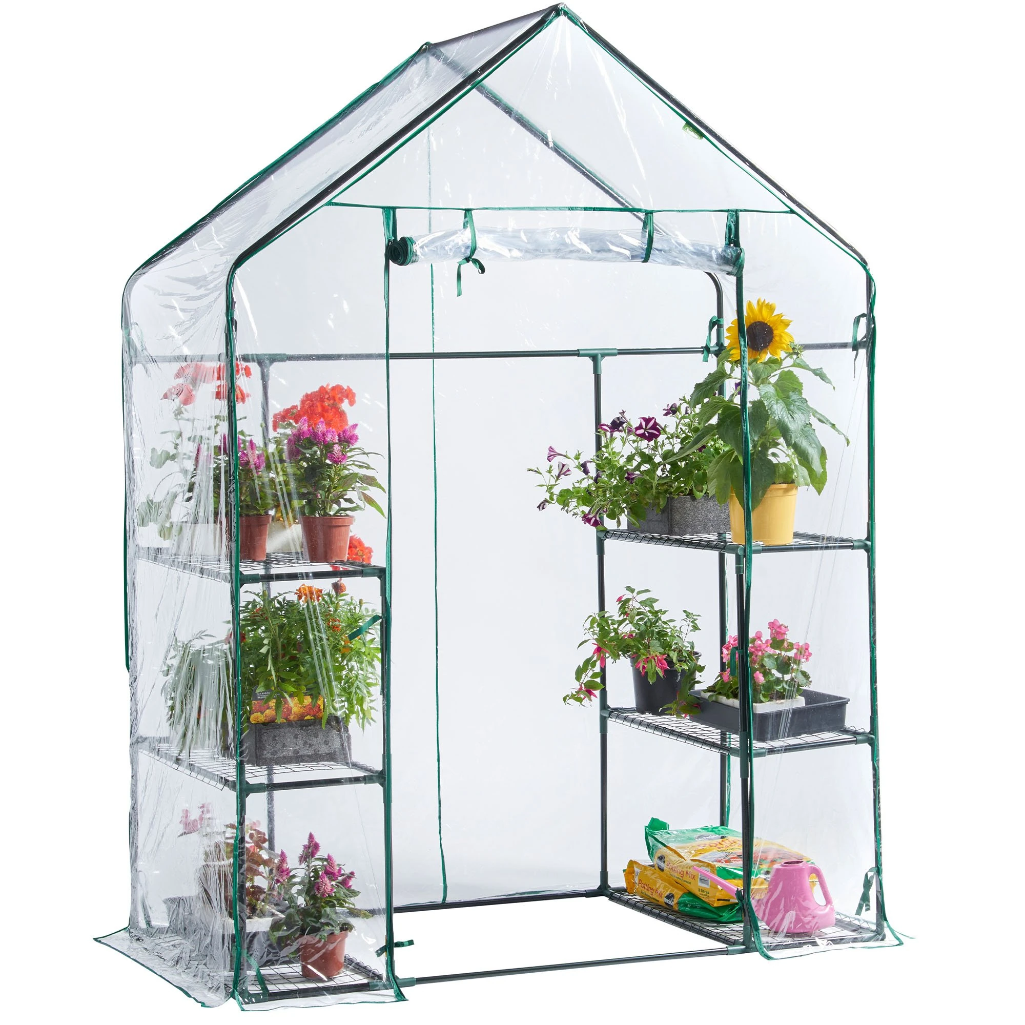 VonHaus Walk In Greenhouse – Compact Green House with 6 Shelves and Weatherproof PVC Plastic Cover – Plant House for Garden and Outdoor – Roll up Zip Panel Door – Easy No Tool Assembly