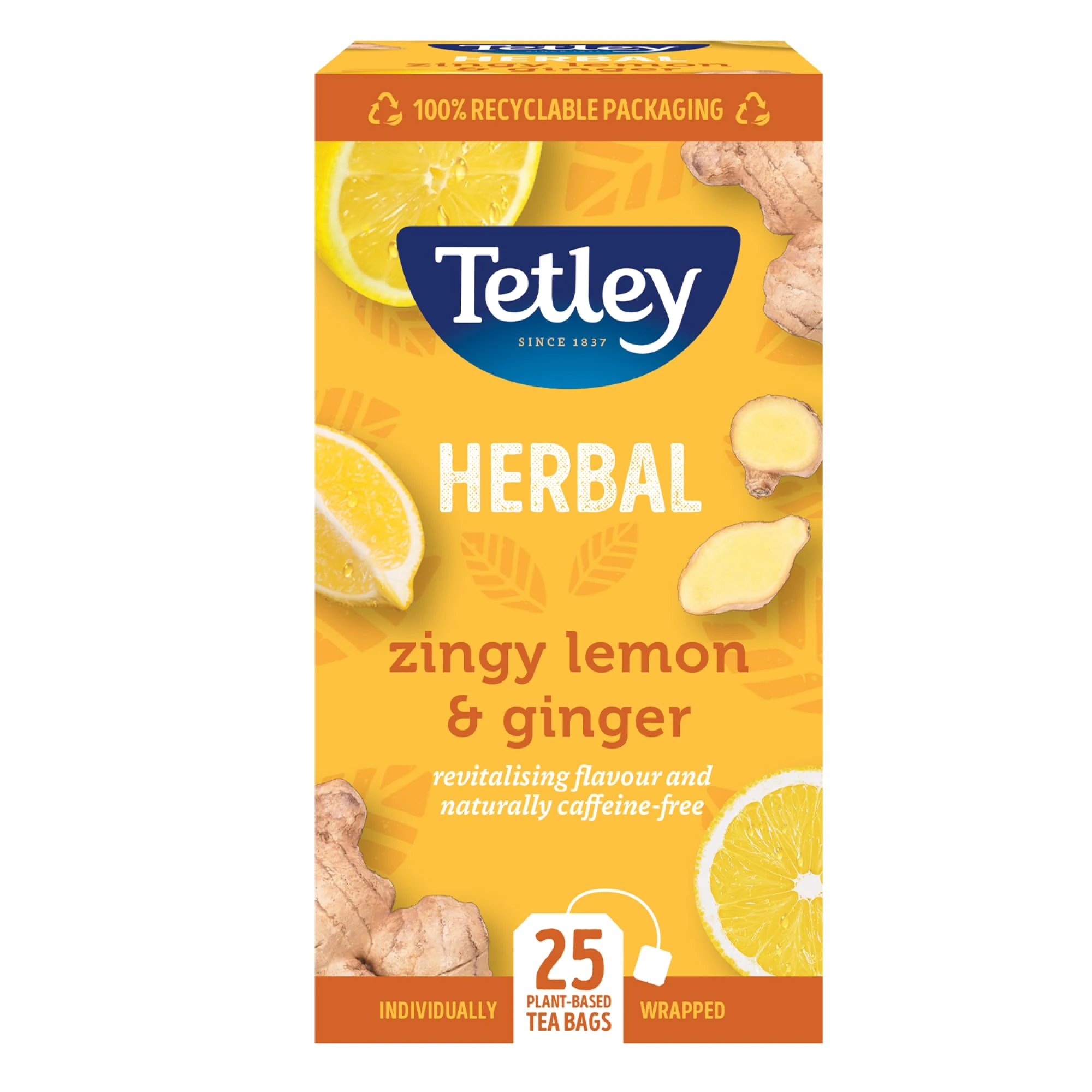 Tetley Zingy Lemon & Ginger Herbal Tea Bags - Naturally Caffeine-Free - Perfectly Balanced Citrus & Spice Infusion - Ideal for Relaxation - Rainforest Alliance Certified - 25 Teabags (1 Pack)