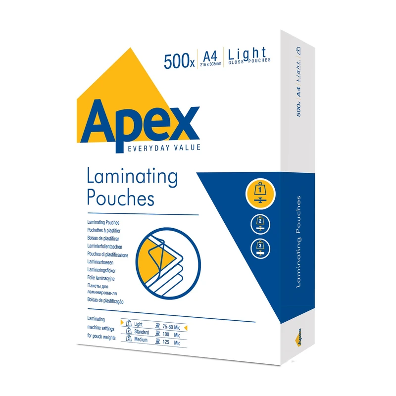 Fellowes Apex A4 Laminating Pouches, Glossy Finish, 500 Sheets - Light Duty Value Pack - Ideal for Notices, and Photos