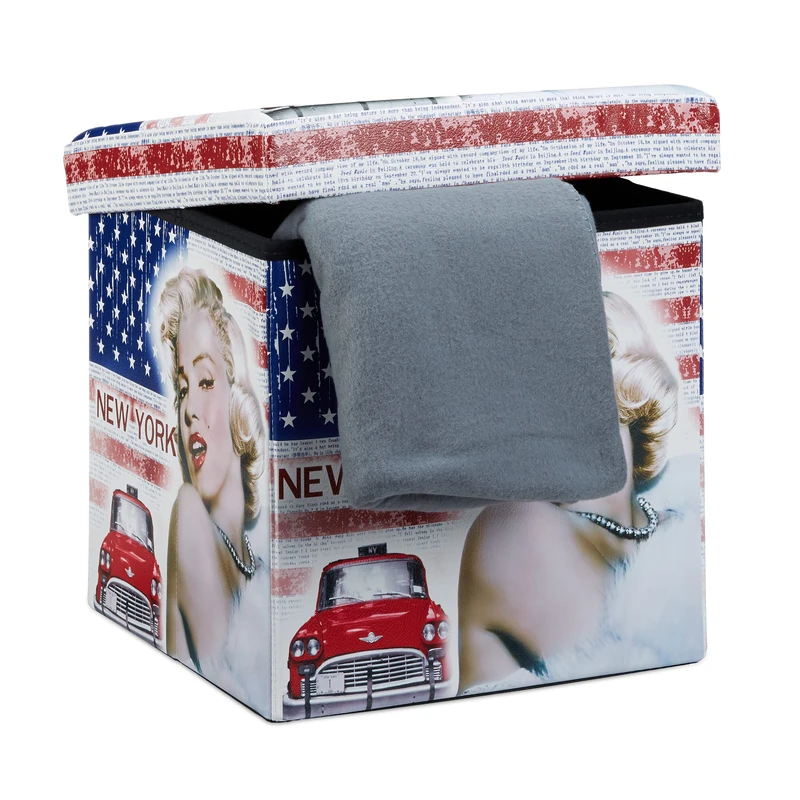 Relaxdays Folding Seat Box Ottoman 38 cm Sturdy Seat Cube with Trendy Motifs as Practical Footrest with Cofortable Faux Leather Cover for Storage Box Pouffe with Removable Lid, New York - Merilyn