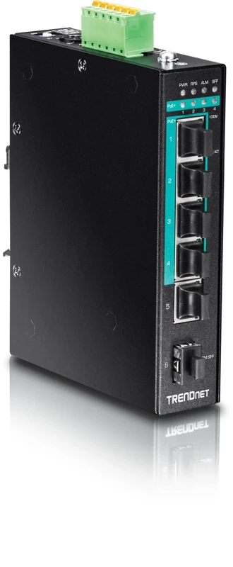 TRENDnet 6-Port Hardened Industrial Gigabit PoE+ Layered 2 Managed DIN-Rail Switch, TI-PG541i, 4 x Gigabit PoE+, 1 x Gigabit, 1 x Gigabit SFP Slot, IP30 Rated, 120 W Power Budget