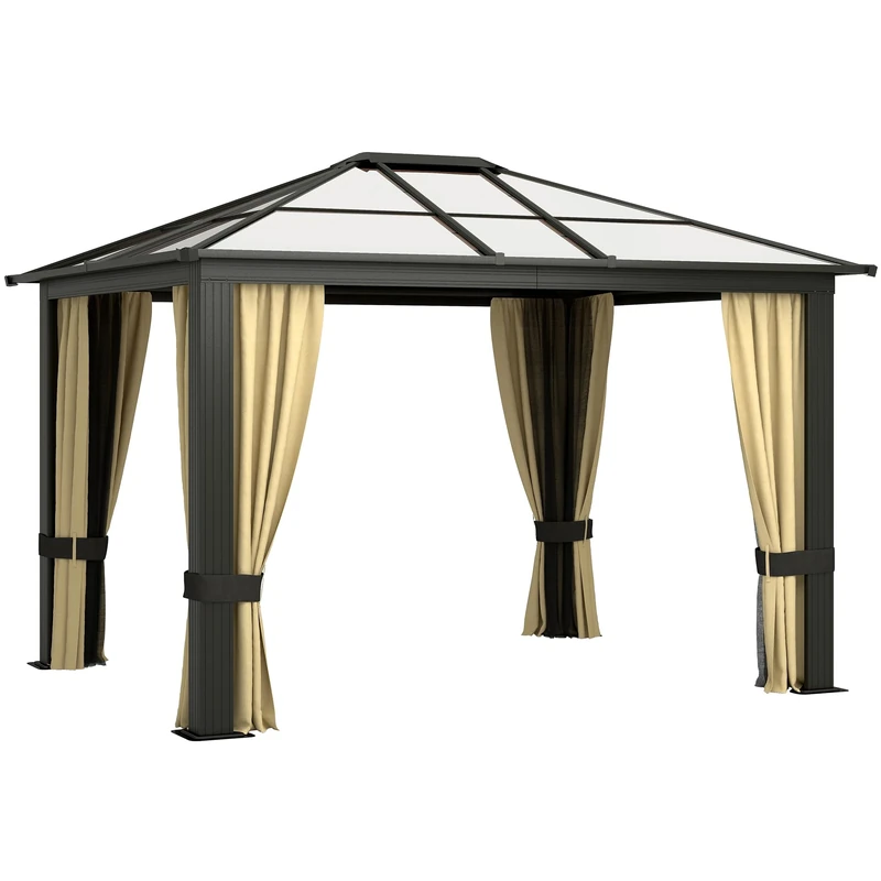 Outsunny 3 x 3.6(m) Hardtop Gazebo Canopy with Polycarbonate Roof and Aluminium Frame, Garden Pavilion with Mosquito Netting and Curtains, Brown