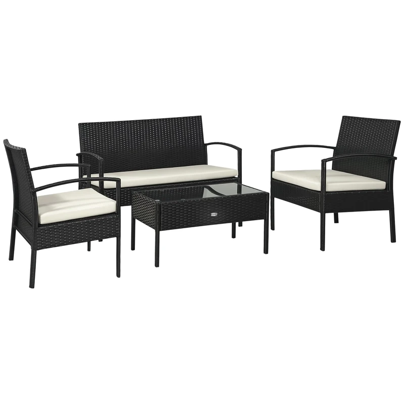 Outsunny 4 Pieces Outdoor PE Rattan Corner Sofa with Cushions, Rattan Garden Furniture Conservatory Sofa Set with Armchairs, Loveseat and Glass Top Table, Black
