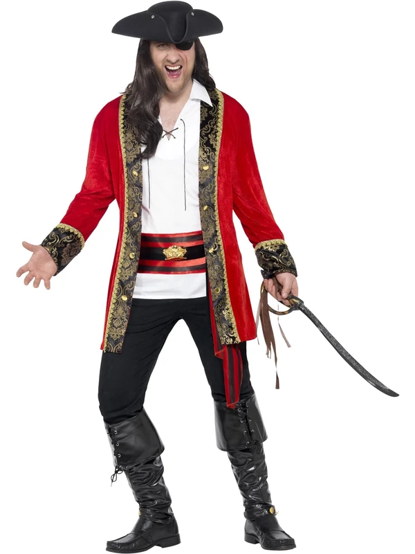 Smiffys Curves Pirate Captain Costume, Red with Jacket, Shirt & Waist Sash, Pirate Fancy Dress, Pirate Dress Up Costumes, World Book Day