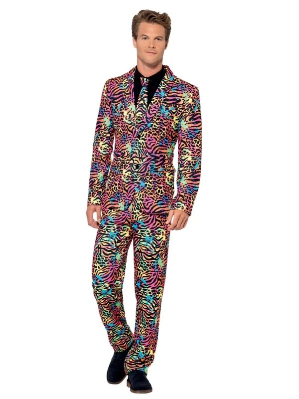 Smiffys Neon Suit, Multi-Coloured with Jacket, Trousers & Tie, Stand Out Suits Fancy Dress, 1980s Dress Up Costumes
