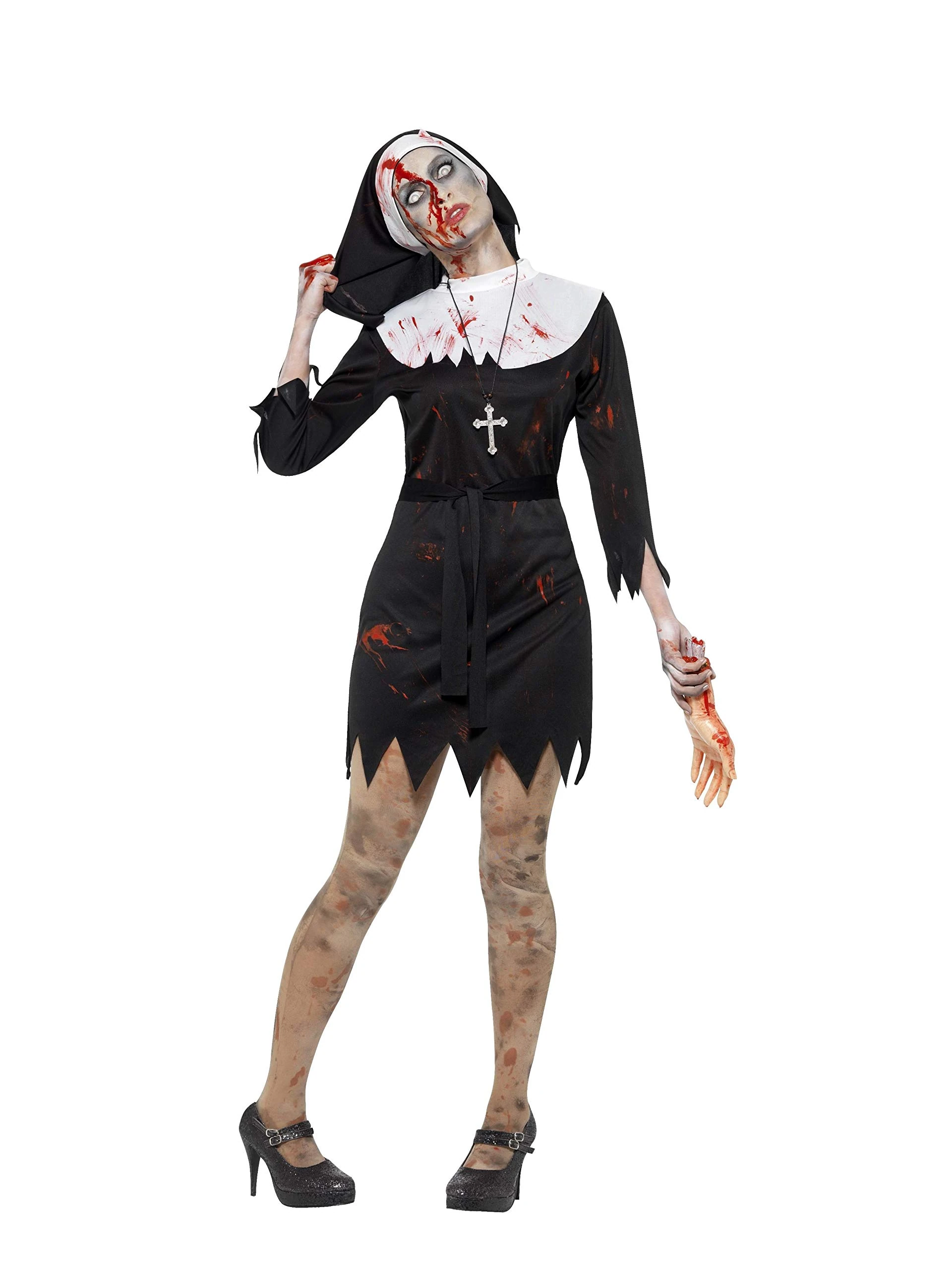 Smiffys Zombie Sister Costume for Women, Black Horror Nun Outfit Dress, Belt Headpiece, Scary Undead Religious Fancy Dress Adults, Halloween, Horror Parties Zombie Themed Events, Medium