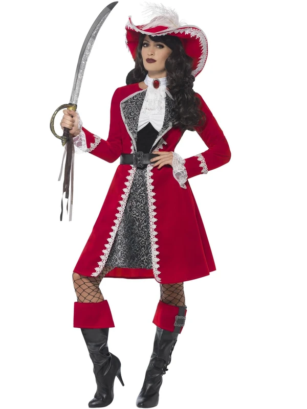 Smiffys Deluxe Authentic Lady Captain Costume, Red with Dress, Jacket, Neck Tie & Boot Covers, Pirate Fancy Dress, Pirate Dress Up Costumes