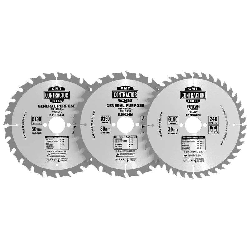 CMT K190M-X03-3-Pc Saw Blade Pack 190X2.2/1.4X30 Z24+24+40 ATB