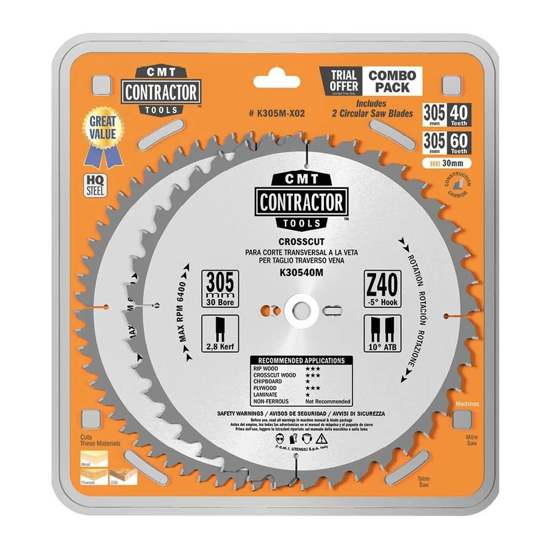 CMT K305M-X02-2-Pc Saw Blade Pack 305X2.6/1.8X30 Z40+60 ATB