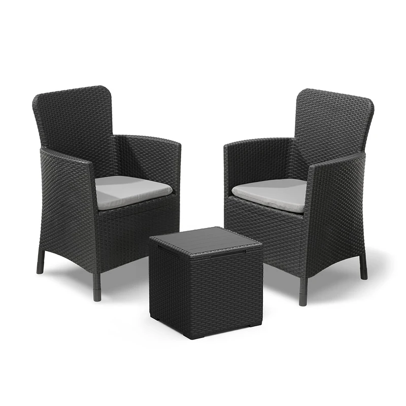 Keter Miami Balcony Set – 2 Flat Wicker-Style Chairs with Cushions & Storage Table | Compact Outdoor Furniture for Patio, Balcony, or Garden | Lightweight & Durable Design