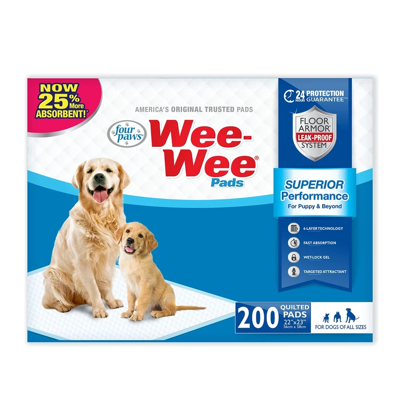 Four Paws Wee-Wee Superior Performance Pee Pads for Dogs & Puppies, with 6-Layer Leak Proof Technology, for House Training – Large, 56cm x 58cm (22" x 23"), (200 Count)