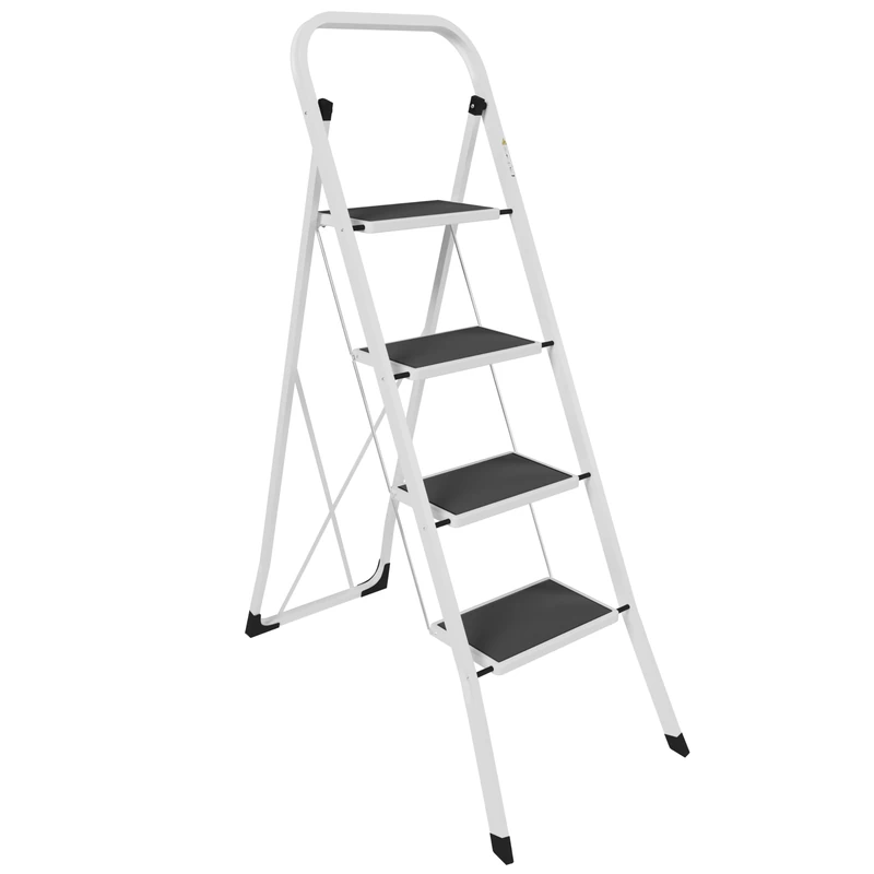 Home Vida 4 Step Ladder - Heavy Duty Steel Folding Ladder with Slip-Resistant and Wide Steps, Folding Mechanism, 150kg Max Load, Home/Kitchen/DIY/Garden Use, White