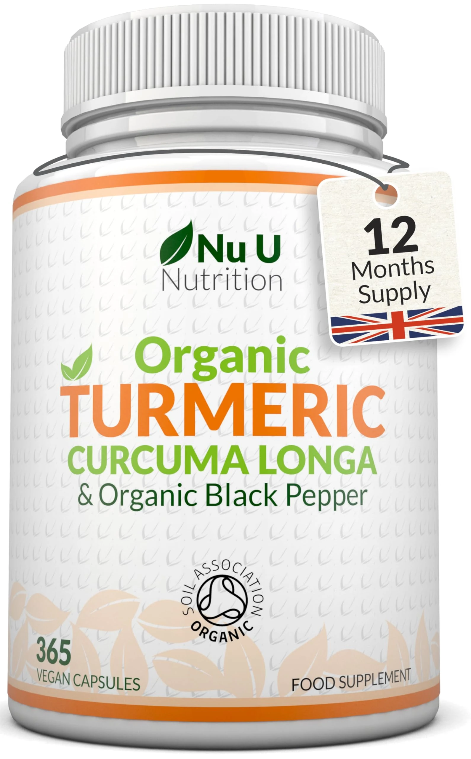 Organic Turmeric Curcumin and Black Pepper 600mg - 365 Vegan Capsules - 1 Year Supply - Soil Association Certified - High Strength Tumeric Supplement - Made in The UK - Nu U Nutrition