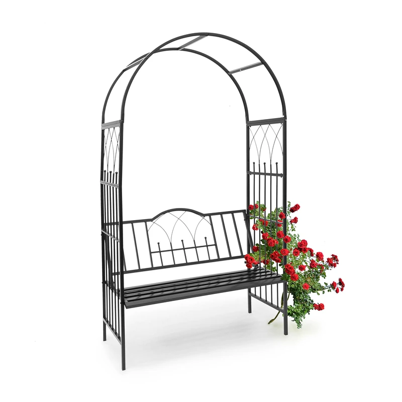 Relaxdays Rose Arch, with Bench, 203 x 114.5 x 59 cm, Arbour made of Powder-Coated Iron, with Seat for 2, for Climbing Plants, Black - Image 1