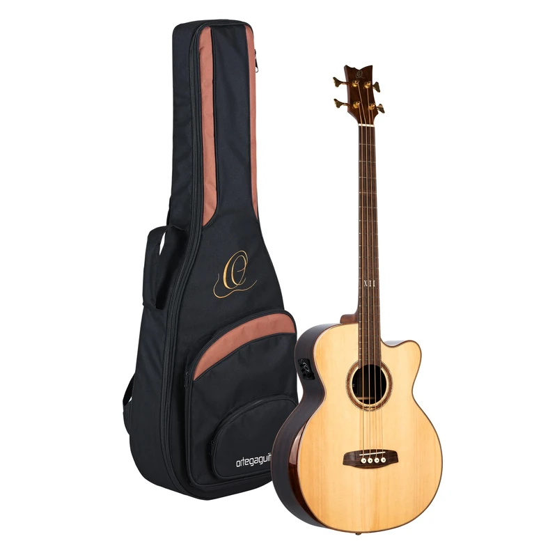 Ortega Guitars Bass 4-String Electro-Acoustic – Medium Scale, with Cutaway, Armrest – The Private Room Series – Solid Alaskan Spruce / Striped Ebony, Gloss Natural (STRIPEDSU.ACB)