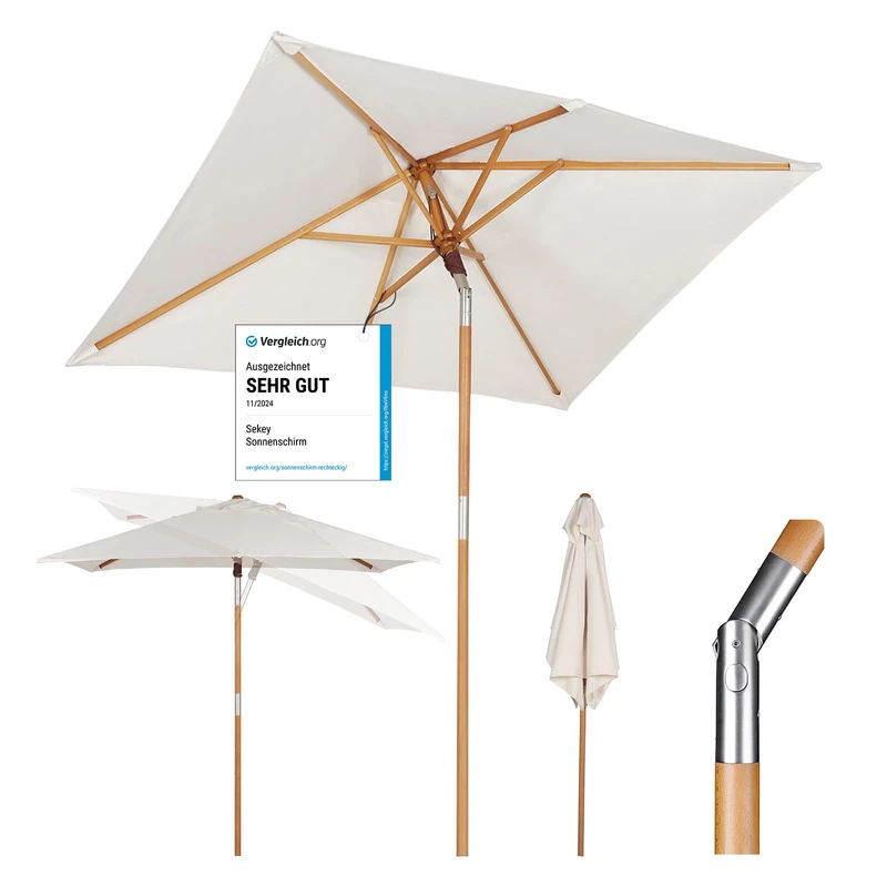 Sekey 200 x 150 cm Rectangular Wooden Parasol Market Umbrella Garden Umbrella Patio Umbrella Balcony Umbrella with Bendable UV50+ Cream