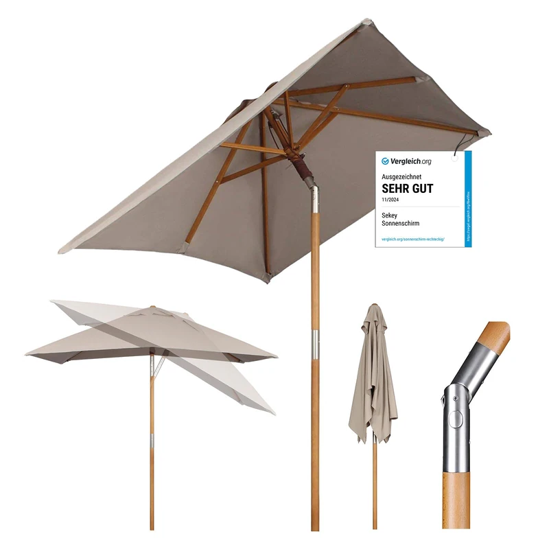 Sekey 200 x 150 cm Rectangular Wooden Parasol Market Umbrella Garden Umbrella Patio Umbrella Balcony Umbrella with Bendable UV50+ Taupe