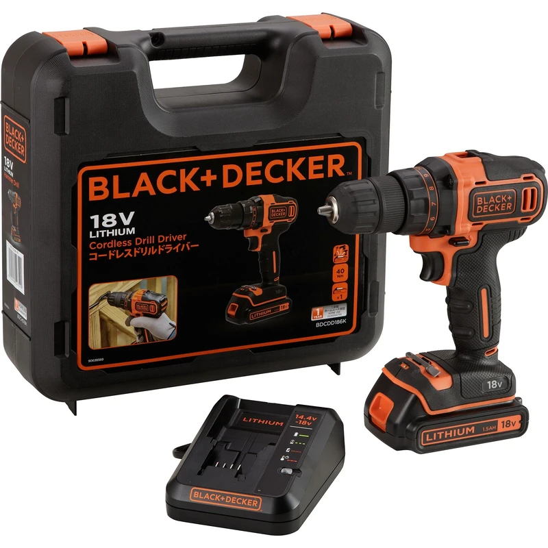 Black+Decker Cordless Drill, Drill with 2-Speed Gear (18 V, 1.5 Ah, Includes 400 mA Charger in Case, with Double Bit, LED Work Light, Keyless Drill Chuck, Non-Slip Handle)