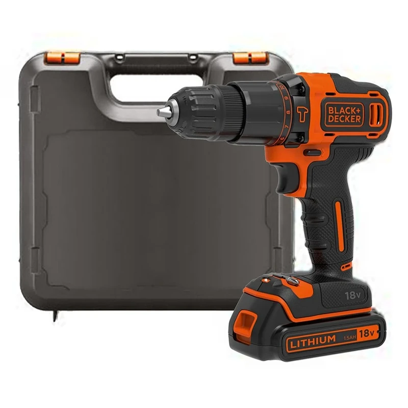 BLACK + DECKER 18V Lithium-ion 2 Gear Hammer Drill with 400mA Charger, 1 Battery and Kitbox, BDCHD18K-QW