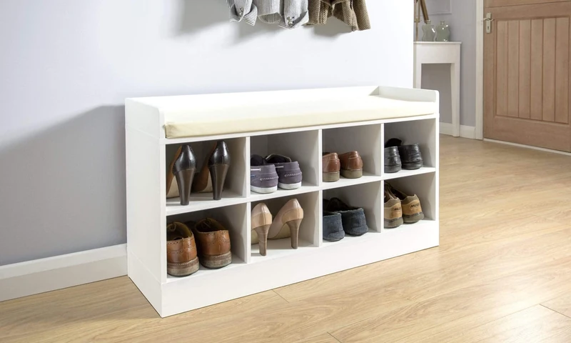 GFW Kempton, Shoe Storage Bench With Cushion, Contemporary Shoe Cabinet With 8 Storage Compartment For Hallway, Living Room, Wooden Bedroom Furniture, White, H-56cm x W-97cm x D-34cm