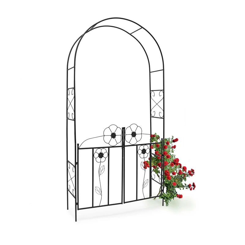 Relaxdays Rose Arch, 228 x 116 x 36.5 cm, Gate made of Powder-Coated Steel, with Door, Leaf Pattern, Climbing Plant Support, Black