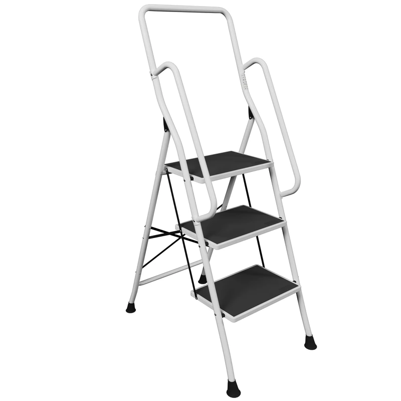 Home Vida 3 Step Ladder - Heavy Duty Steel Folding Ladder with Enhanced Safety Rails, Slip-Resistant and Wide Steps, 150kg Max Load, Home/Kitchen/DIY/Garden Use, White