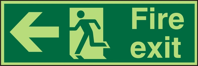 Seco Fire Exit - Arrow Pointing Left, Man Running Left, Fire Exit Sign, 450mm x 150mm - Photoluminescent 2mm Acrylic