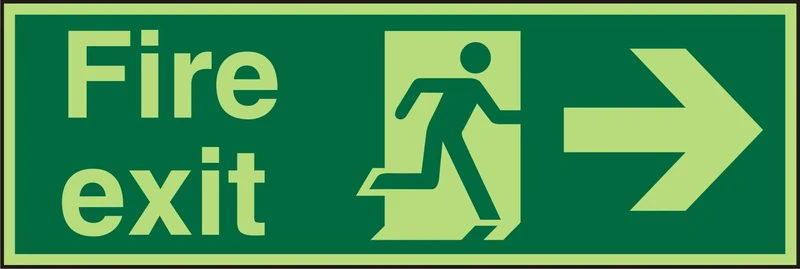 Seco Fire Exit - Fire Exit, Man Running Right, Arrow Pointing Right Sign, 450mm x 150mm - Photoluminescent 2mm Acrylic