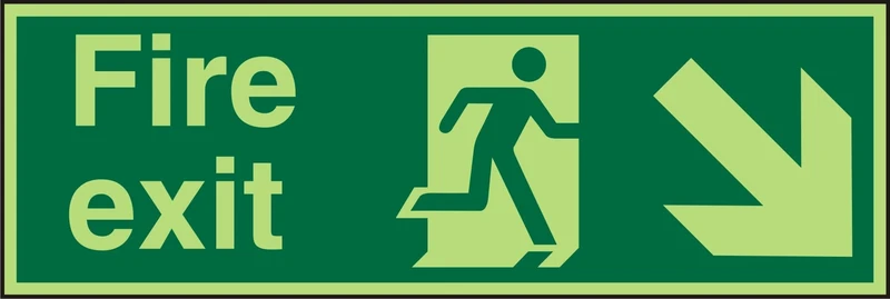 Seco Fire Exit - Fire Exit, Man Running Right, Arrow Pointing Down & Right Sign, 450mm x 150mm - Photoluminescent 2mm Acrylic
