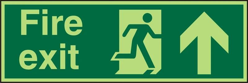 Seco Fire Exit - Fire Exit, Man Running Right, Arrow Pointing Up Sign, 450mm x 150mm - Photoluminescent 2mm Acrylic