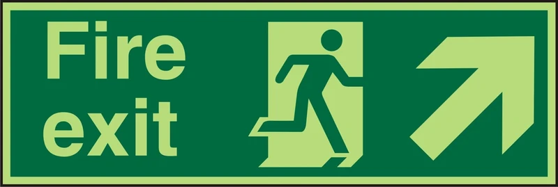 Seco Fire Exit - Fire Exit, Man Running Right, Arrow Pointing Up & Right Sign, 450mm x 150mm - Photoluminescent 2mm Acrylic