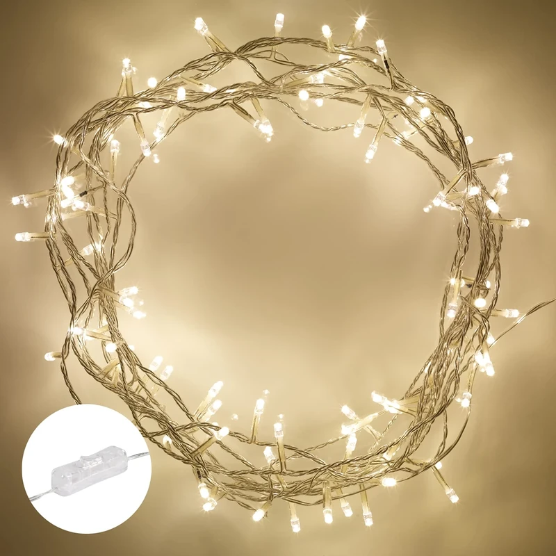 Lights4fun Indoor Fairy Lights with 200 Warm White LEDs – 16m Clear Cable with Plug & Rocker Switch – Elegant Lighting for Living Rooms, Bedrooms & Christmas Decor