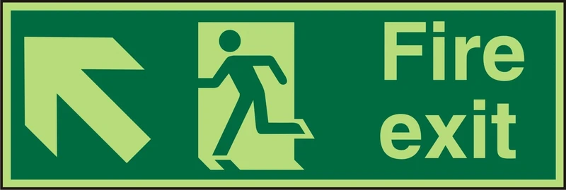 Seco Fire Exit - Arrow Pointing Up & Left, Man Running Left, Fire Exit Sign, 450mm x 150mm - Photoluminescent 2mm Acrylic